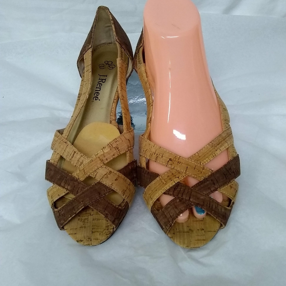 J.Renee  Sandals Cori Brown Neutral Shoes Fabric Cork Pattern 7M